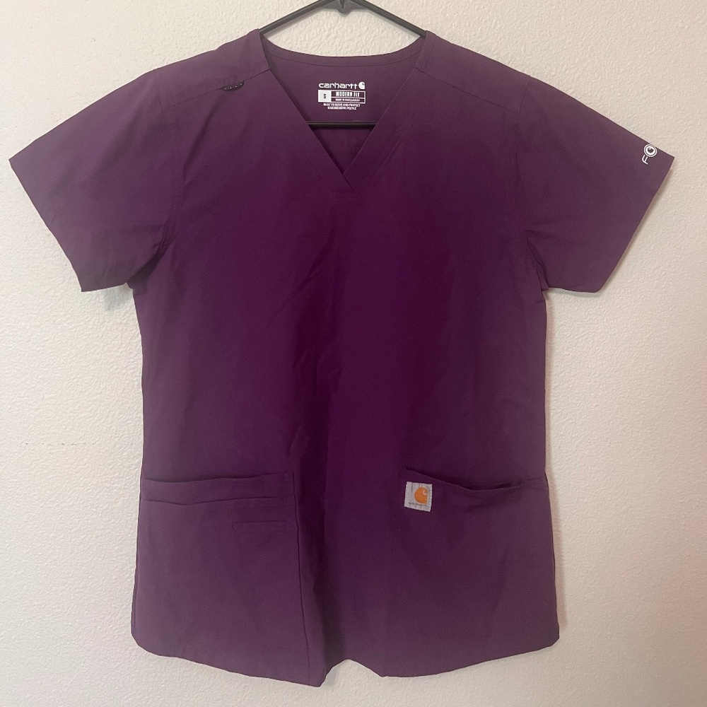 Carhartt Scrubs 5-Pocket V-Neck With Badge Loop Top Eggplant SMALL